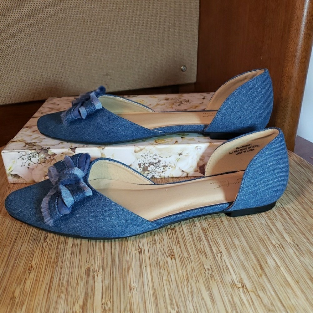 Comfort Est. 1946 Blue Denim Bow Slip-On Pointed Toe Shoes Ballet Flats Women 8M - Picture 4 of 10